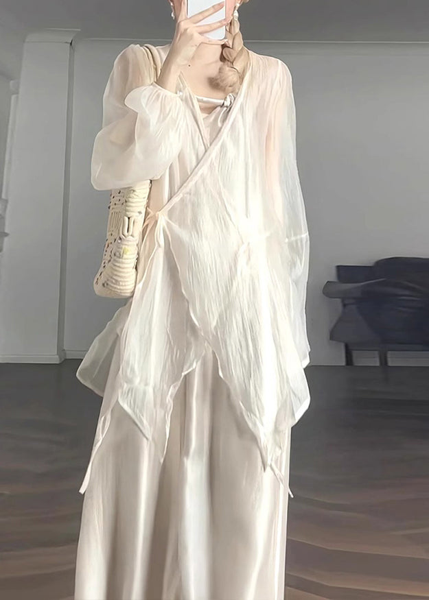 50+ Natural Lantern Waist Coat V Neck UPF Chiffon Tie Apricot