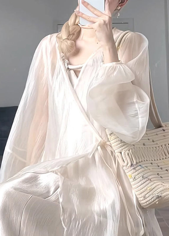 50+ Natural Lantern Waist Coat V Neck UPF Chiffon Tie Apricot