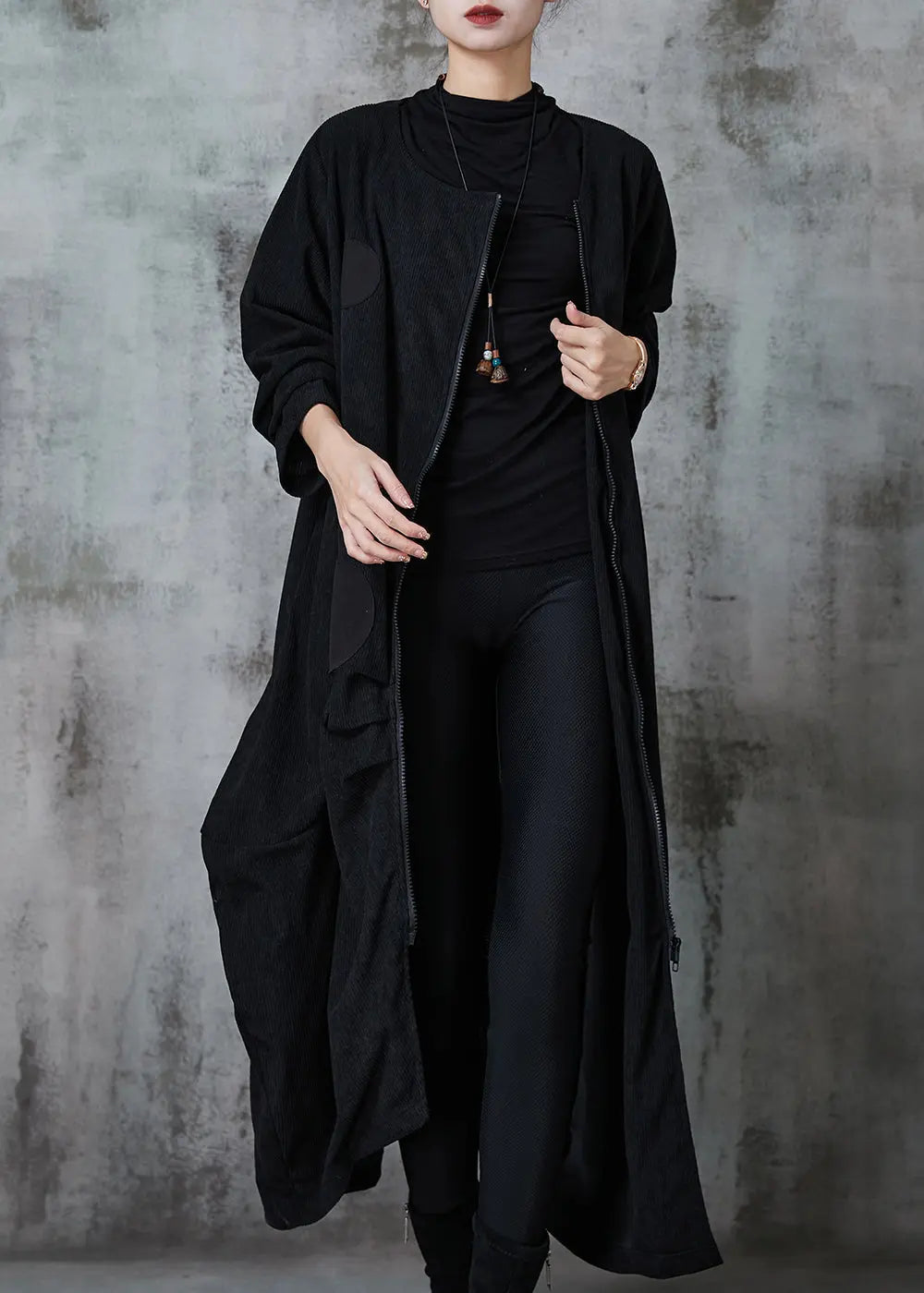 Natural Black Asymmetrical Zippered Cotton Coats Spring Ada Fashion