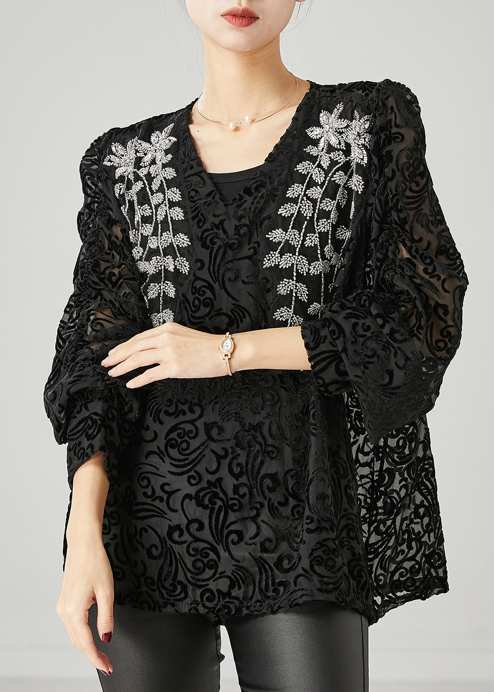 Natural Black Embroidered Jacquard Tulle Shirt Tops Spring YU1049