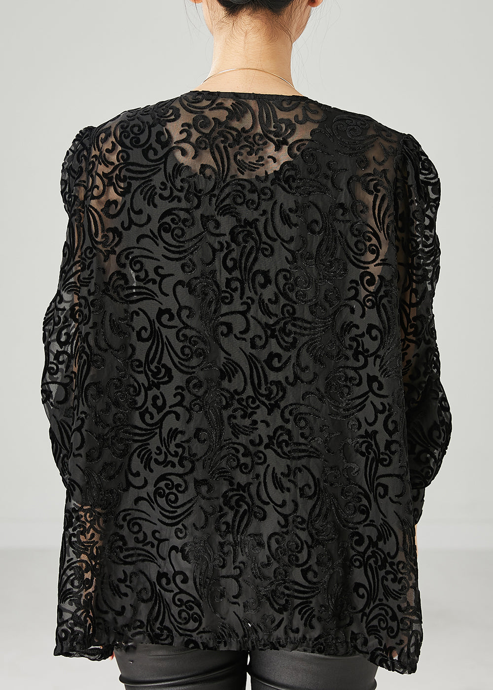 Natural Black Embroidered Jacquard Tulle Shirt Tops Spring YU1049