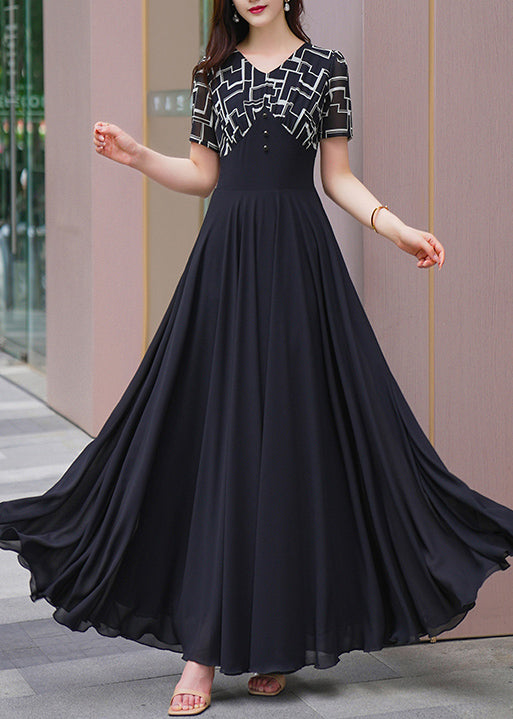 Dresses Patchwork Summer Long Chiffon Black V Natural Neck