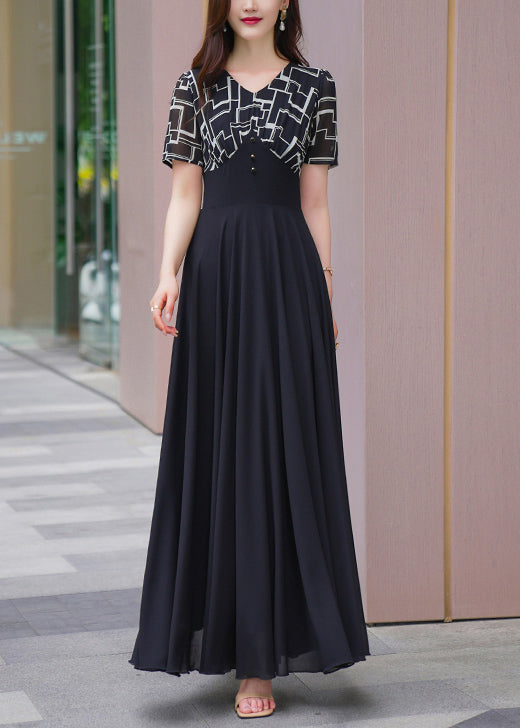 Dresses Patchwork Summer Long Chiffon Black V Natural Neck