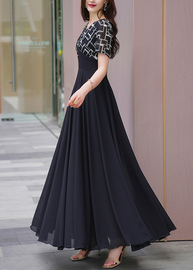 Dresses Patchwork Summer Long Chiffon Black V Natural Neck