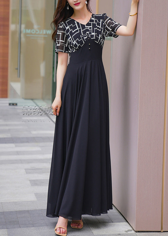 Dresses Patchwork Summer Long Chiffon Black V Natural Neck