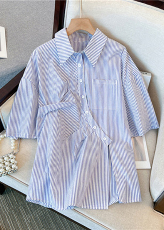 Natural Blue Asymmetrical Patchwork Wrinkled Pockets Shirt Short Sleeve VB1072