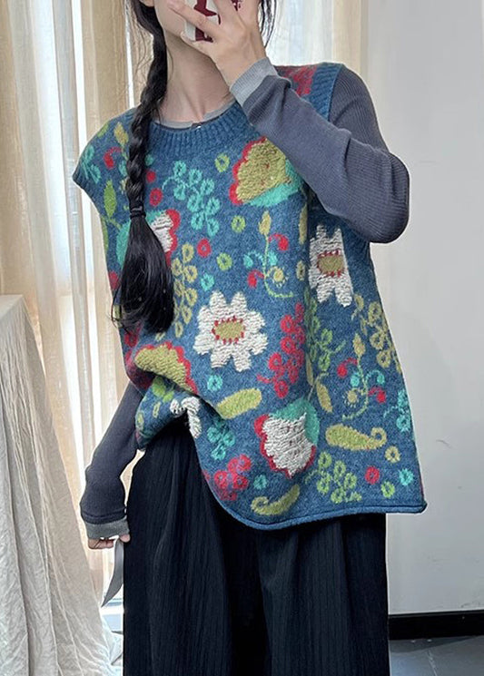 Natural Blue O Neck Print Cotton Knit Vest Sleeveless TI038