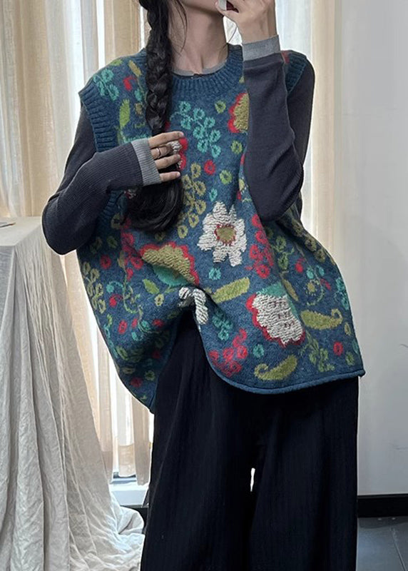 Natural Blue O Neck Print Cotton Knit Vest Sleeveless TI038