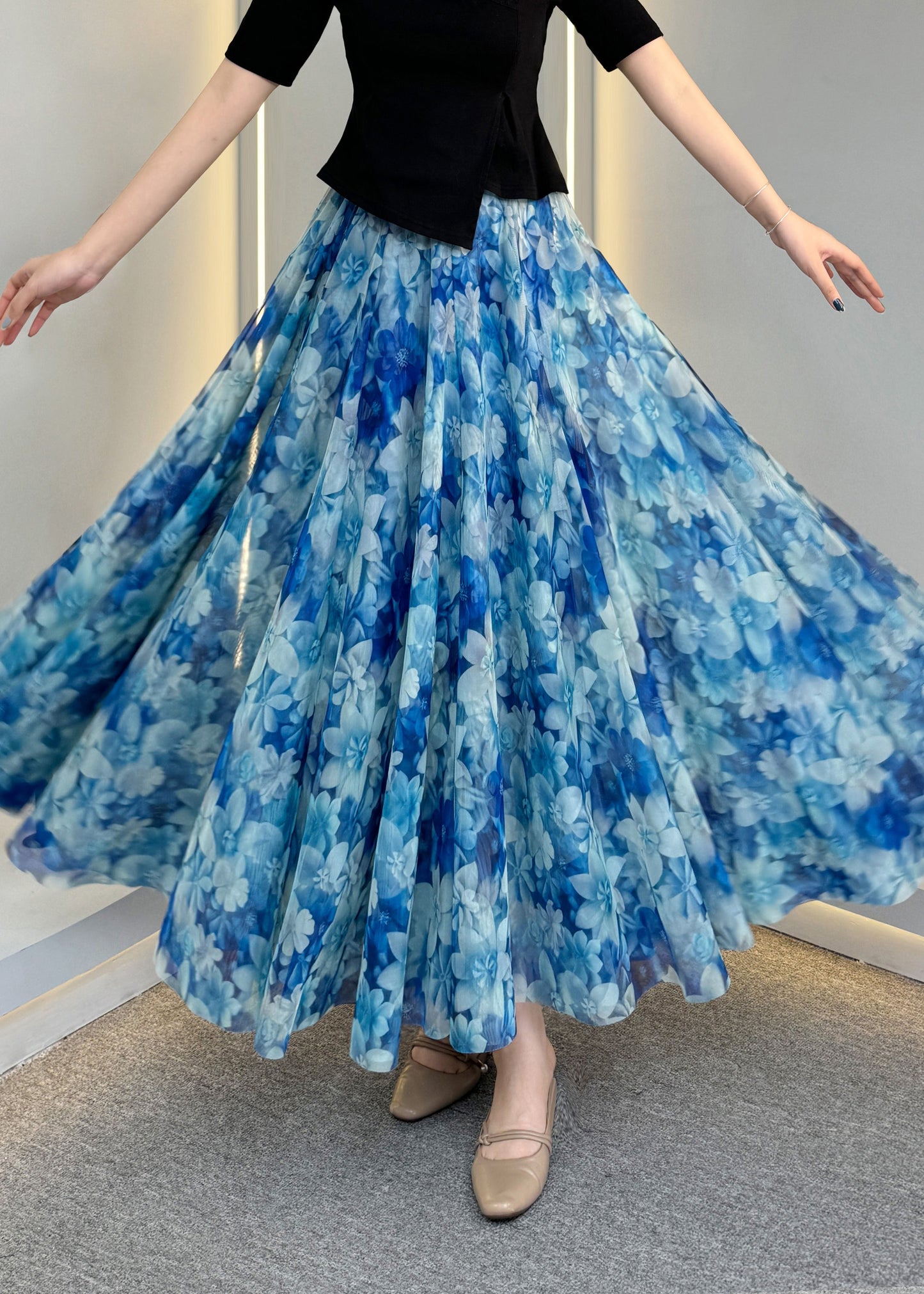 Summer Waist Print Skirts Tulle A Line Elastic Natural Blue