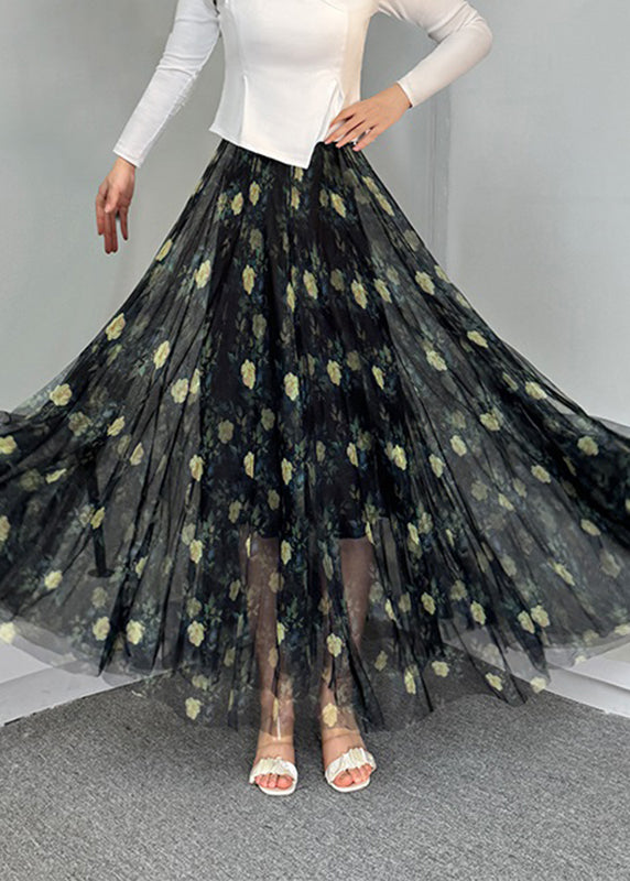 Summer Waist Print Skirts Tulle A Line Elastic Natural Blue