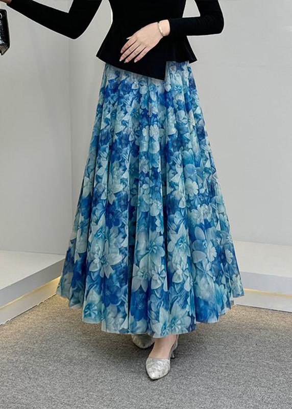 Summer Waist Print Skirts Tulle A Line Elastic Natural Blue