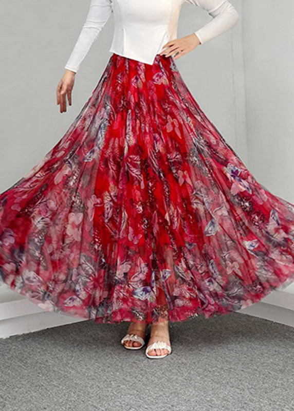 Summer Waist Print Skirts Tulle A Line Elastic Natural Blue