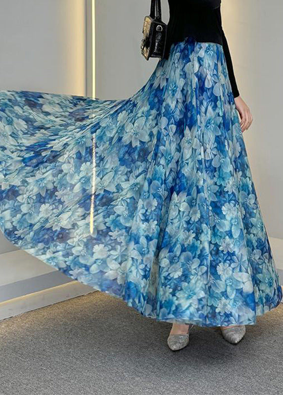Summer Waist Print Skirts Tulle A Line Elastic Natural Blue