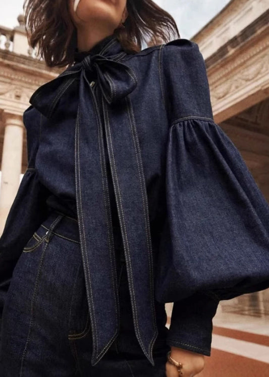 Bow Spring Patchwork Denim Shirt Collar Natural Blue Stand Dark