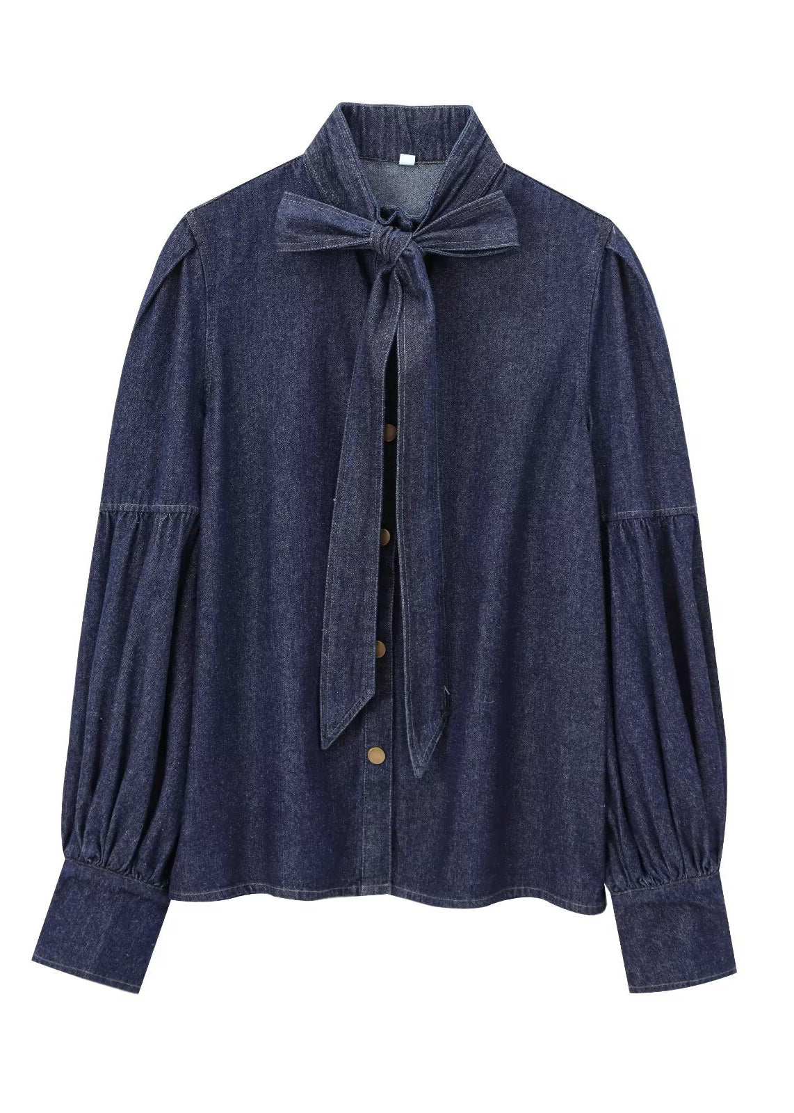 Bow Spring Patchwork Denim Shirt Collar Natural Blue Stand Dark