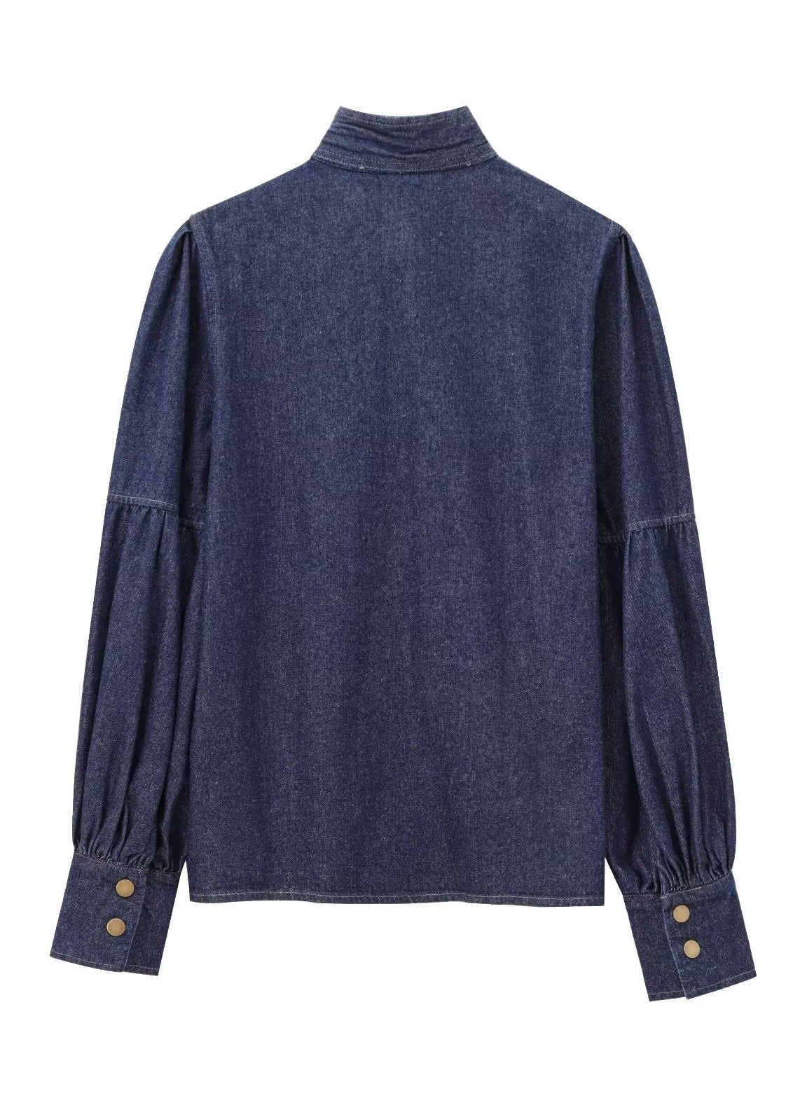 Bow Spring Patchwork Denim Shirt Collar Natural Blue Stand Dark