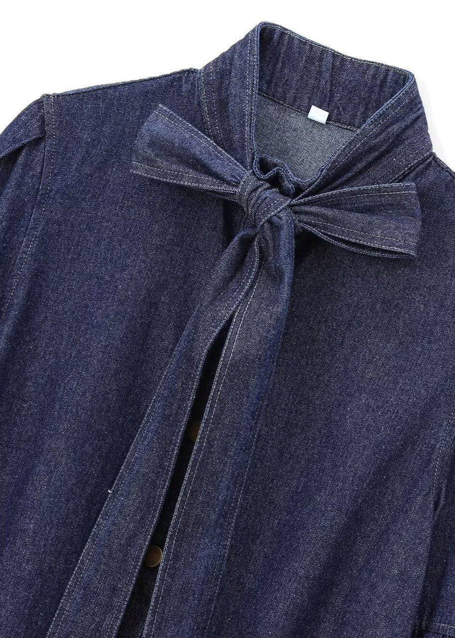 Bow Spring Patchwork Denim Shirt Collar Natural Blue Stand Dark