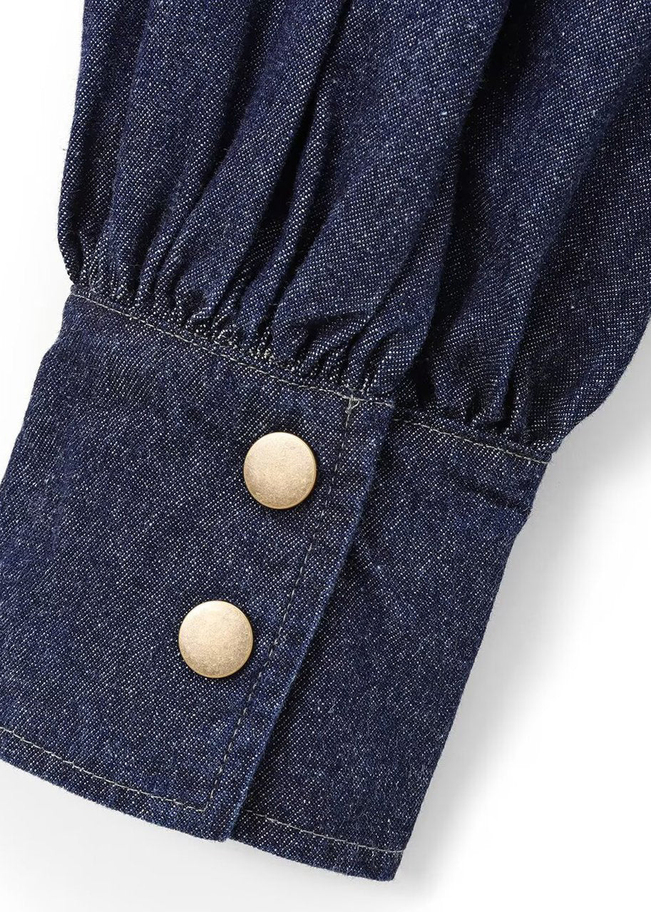 Bow Spring Patchwork Denim Shirt Collar Natural Blue Stand Dark