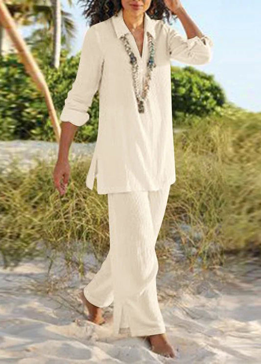 Peter Leg And Wide Natural Collar Pan Shirt Pants Two Khaki