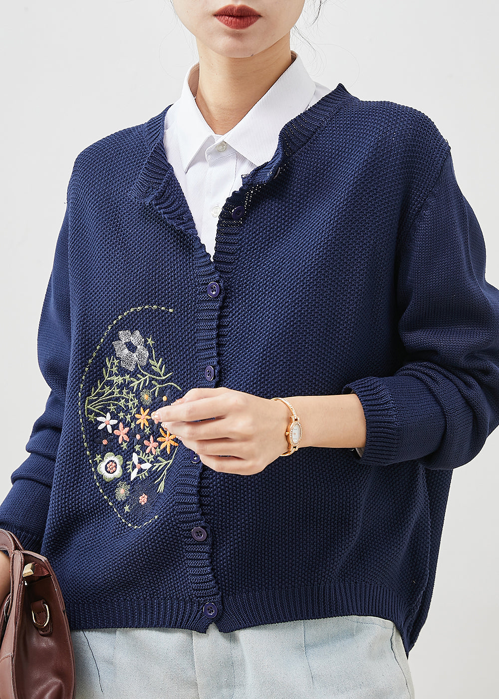 Natural Navy Embroidered Knit Loose Coat Spring YU1043
