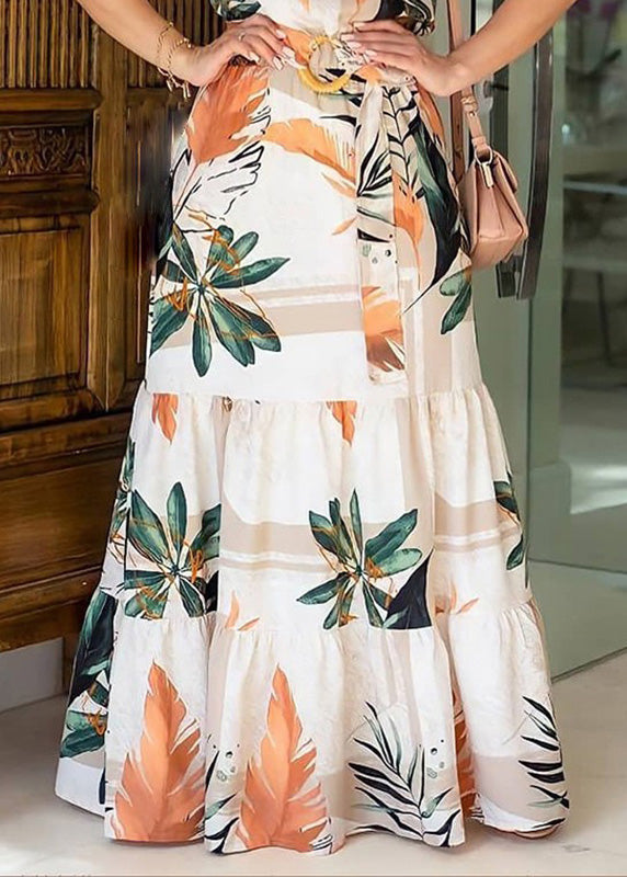 Print Tunic Dresses Maxi Natural Short O-Neck Sleeve