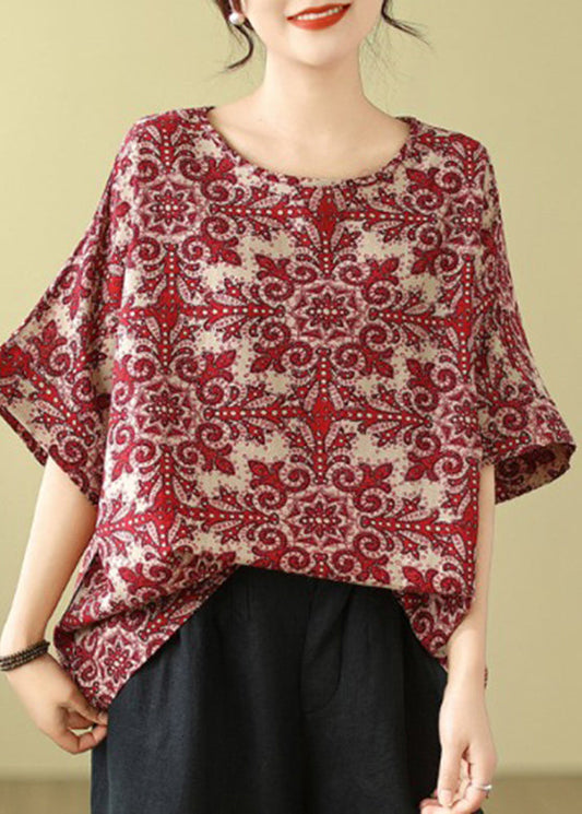 Shirts Short T Loose Natural Red Print Sleeve