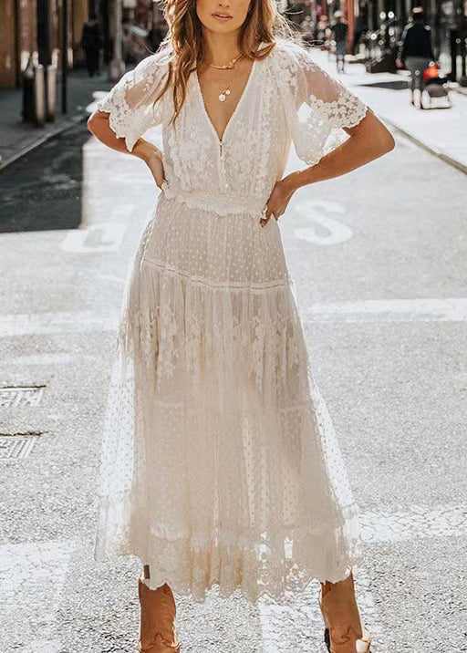Dresses Summer Lace White Robe Neck Jacquard V Natural