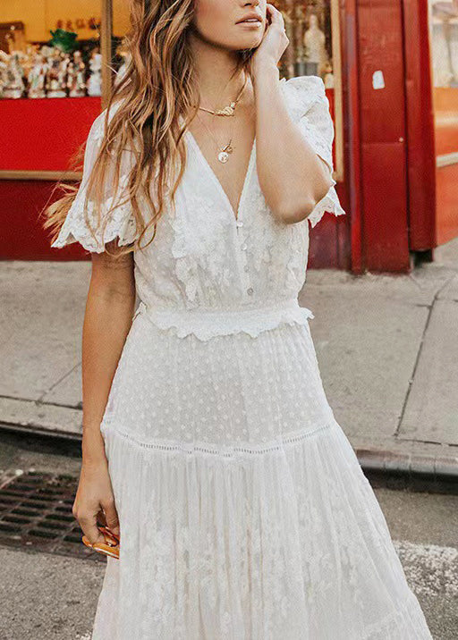 Dresses Summer Lace White Robe Neck Jacquard V Natural