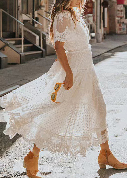 Dresses Summer Lace White Robe Neck Jacquard V Natural