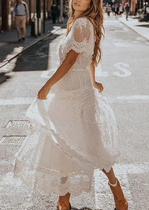 Dresses Summer Lace White Robe Neck Jacquard V Natural