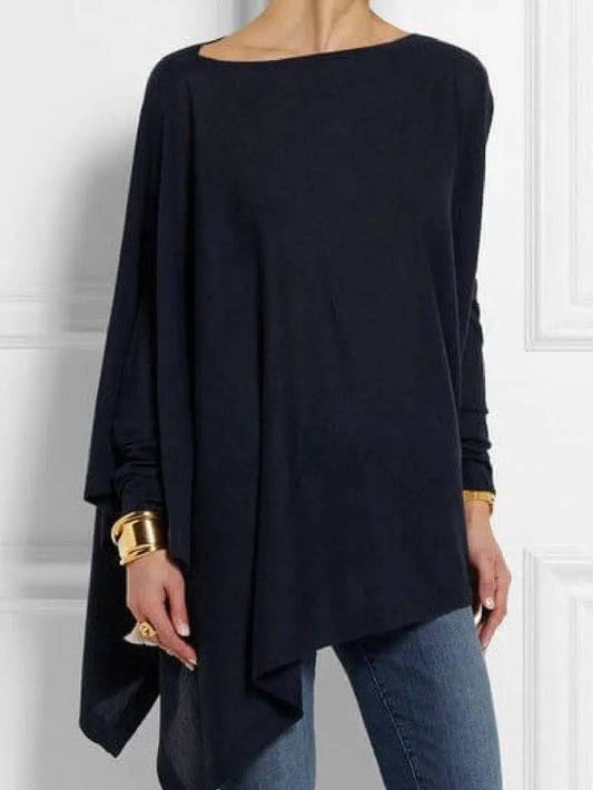 Navy Blue Round Neck Long Sleeve Cotton-Blend T-shirt Tunics AD036