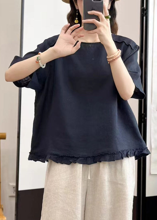Navy Blouse Solid Summer Button O Neck Linen Tops