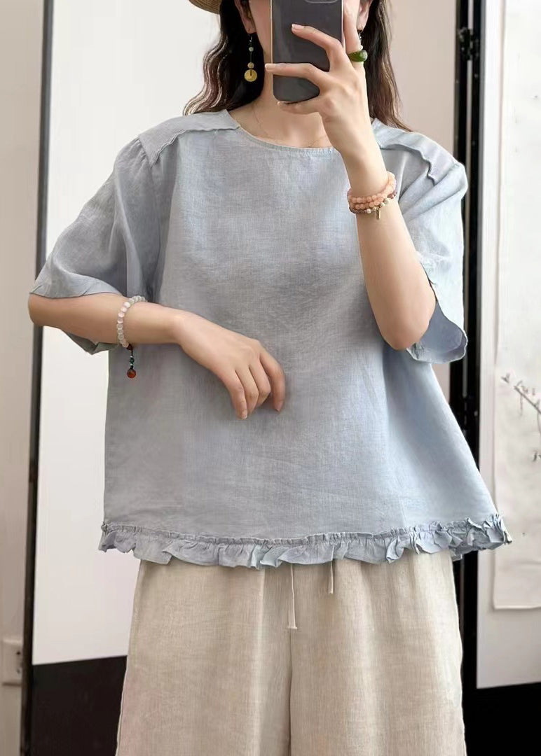 Navy Blouse Solid Summer Button O Neck Linen Tops