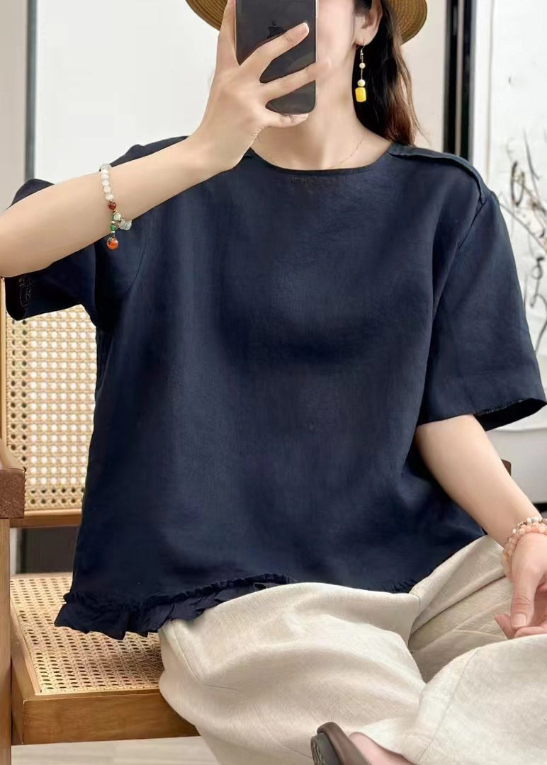 Navy Blouse Solid Summer Button O Neck Linen Tops