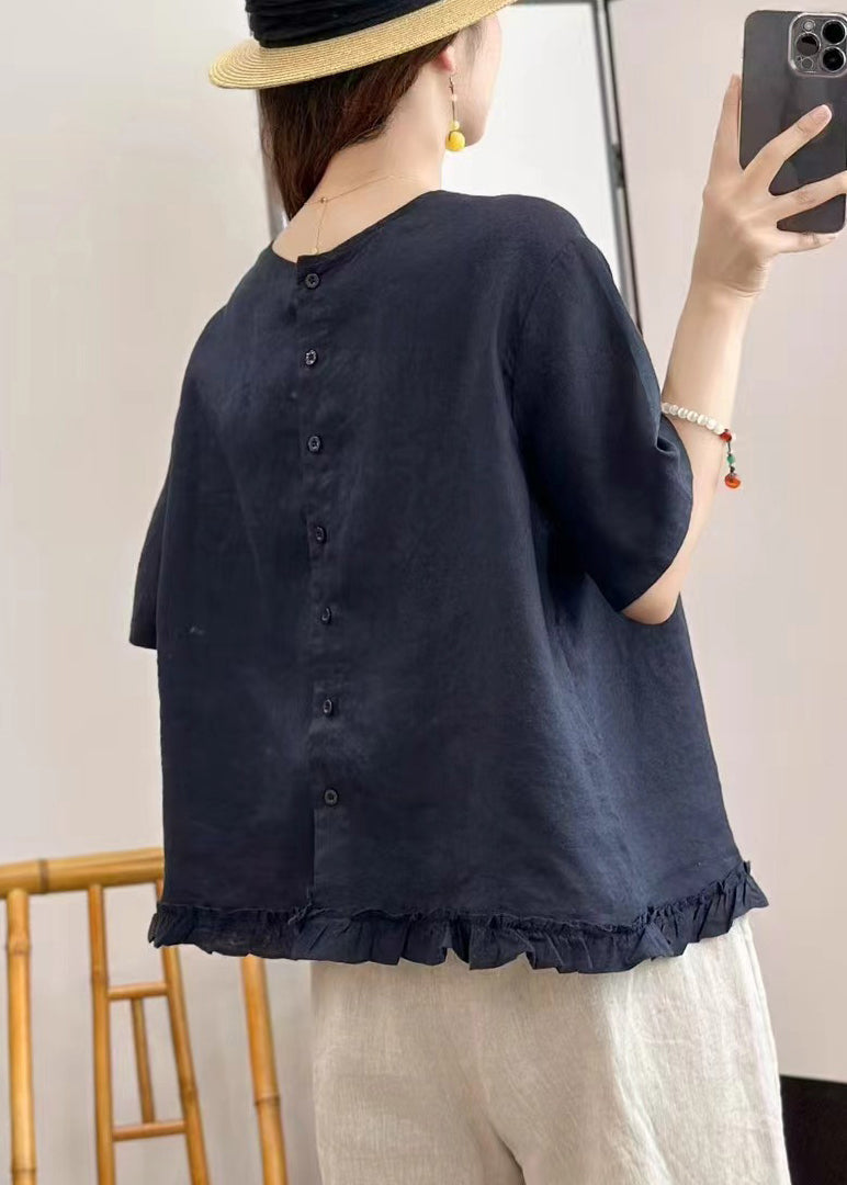 Navy Blouse Solid Summer Button O Neck Linen Tops