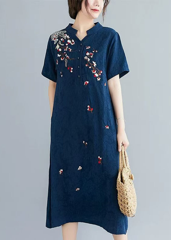Linen Navy Jacquard Mid Embroidered Dresses Summer