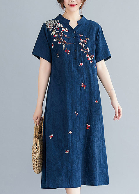 Linen Navy Jacquard Mid Embroidered Dresses Summer