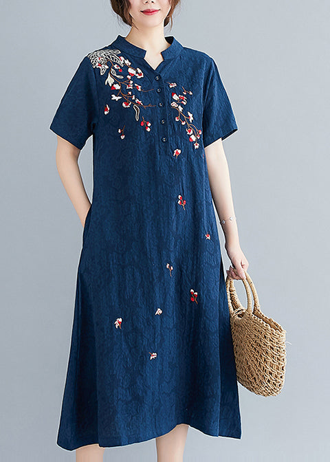 Linen Navy Jacquard Mid Embroidered Dresses Summer
