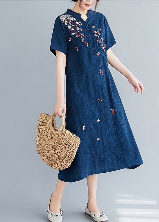 Linen Navy Jacquard Mid Embroidered Dresses Summer