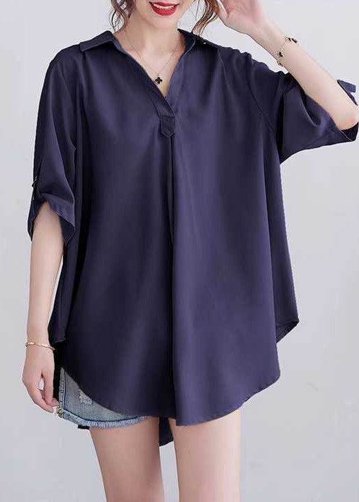 Navy Cotton Collar Summer Peter Pan Tops Loose