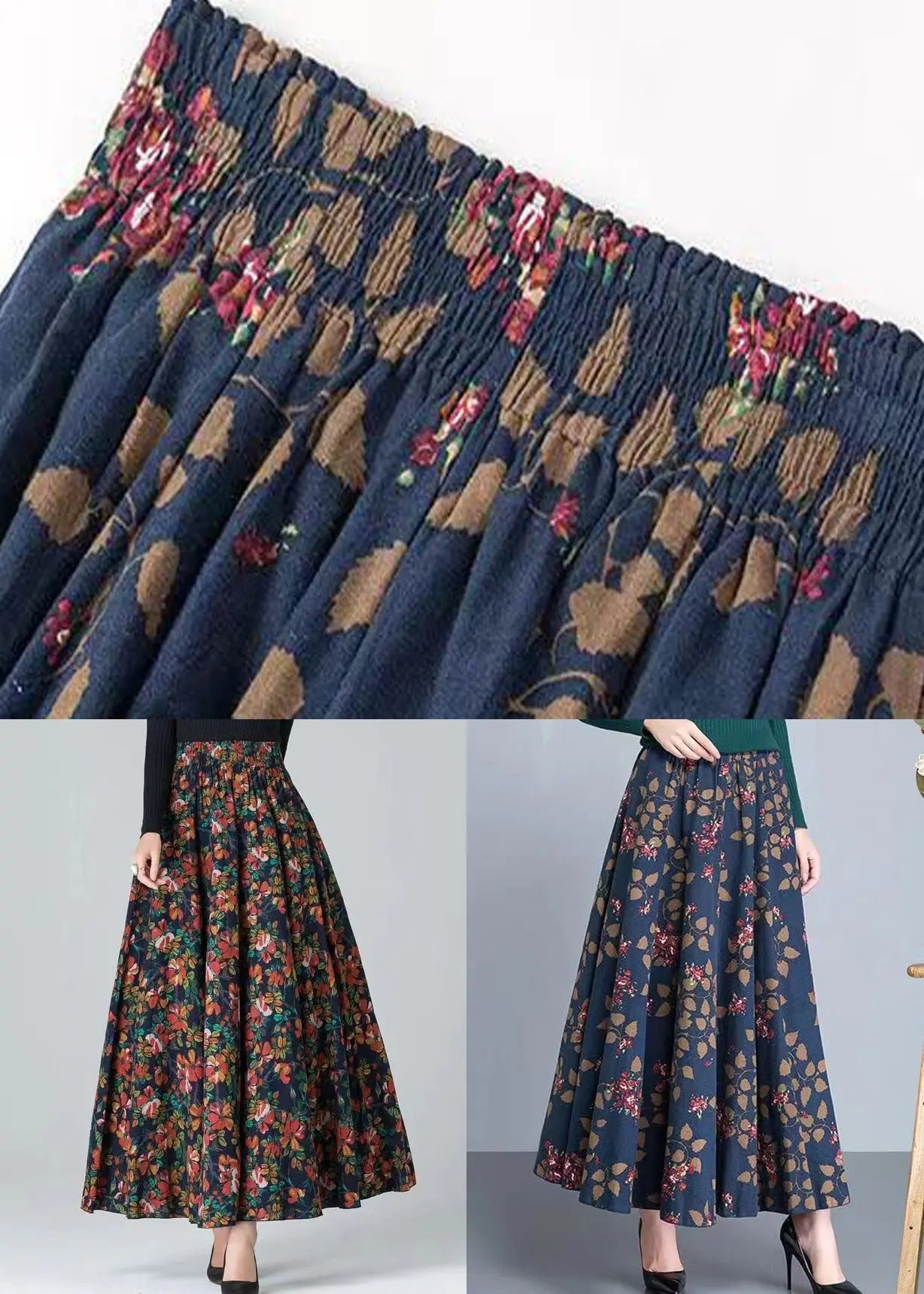 Navy Pockets Patchwork Loose Cotton Skirt Elastic Waist Ada Fashion