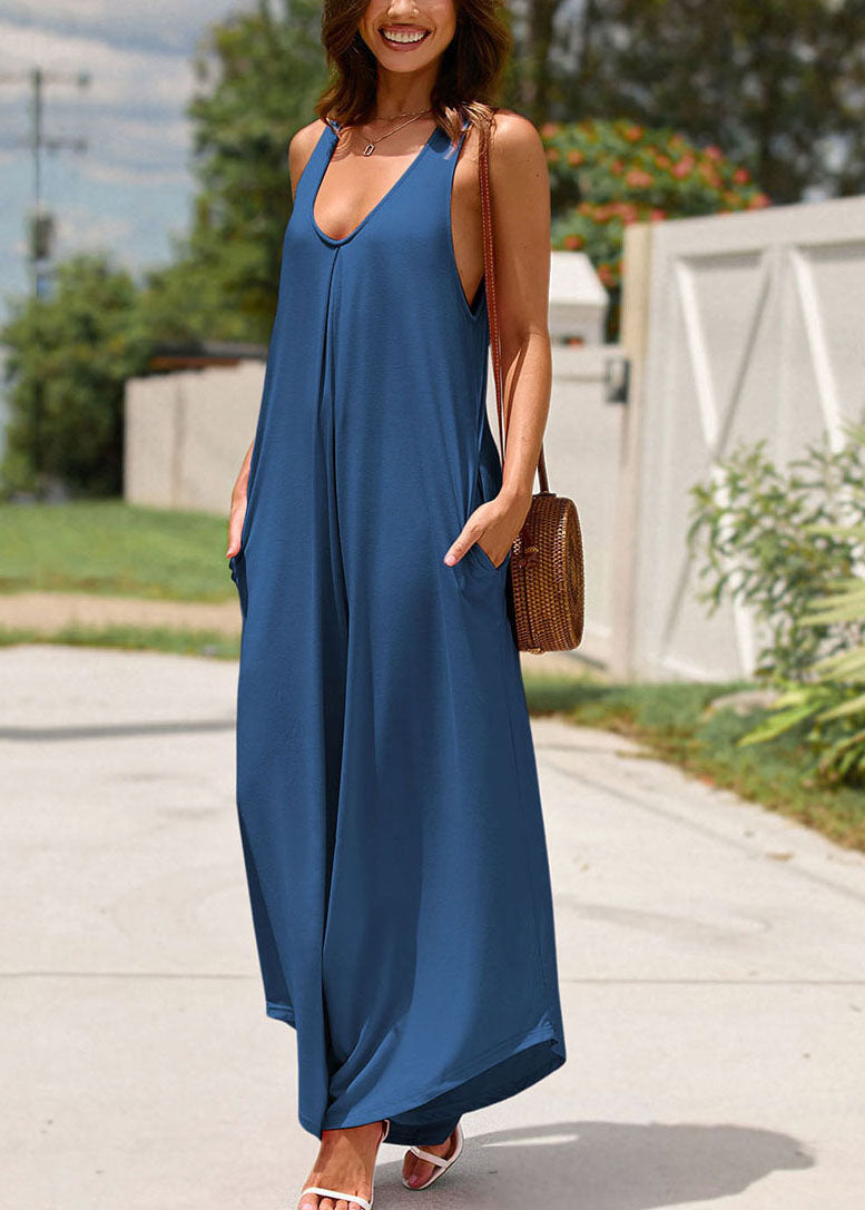 Solid Sleeveless Strap Pockets Spaghetti Long Navy