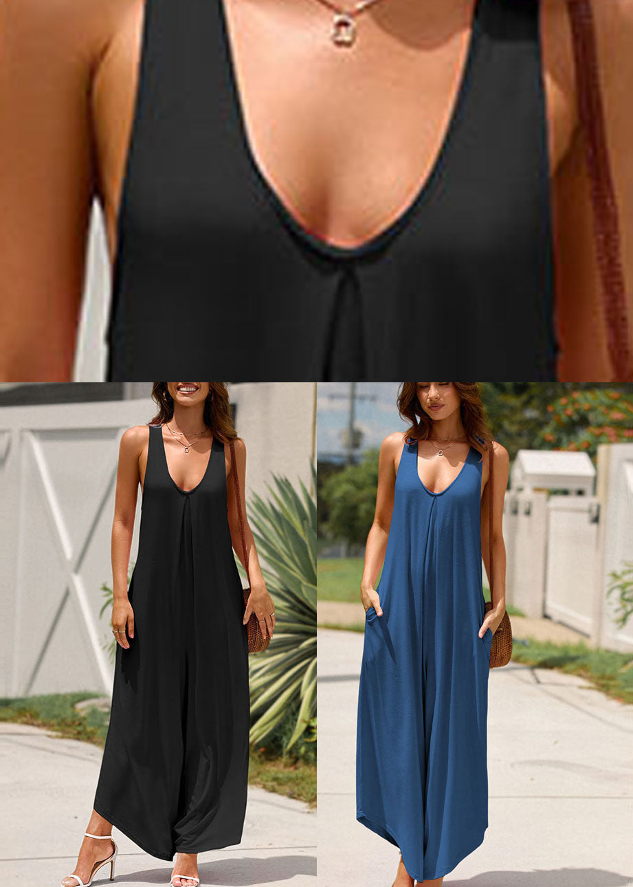 Solid Sleeveless Strap Pockets Spaghetti Long Navy