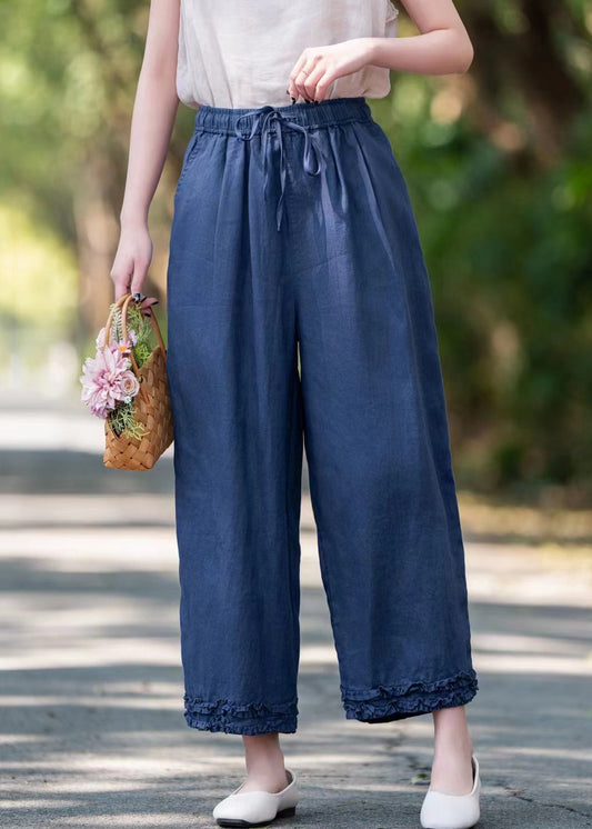 Ruffled Summer Navy Pockets Crop Elastic Pants Waist Linen