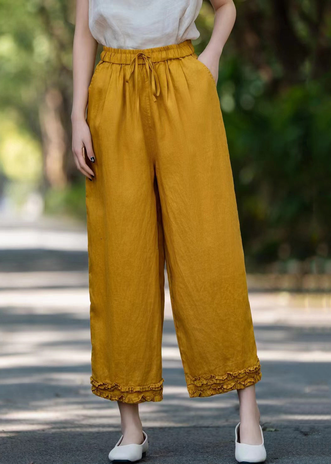 Ruffled Summer Navy Pockets Crop Elastic Pants Waist Linen