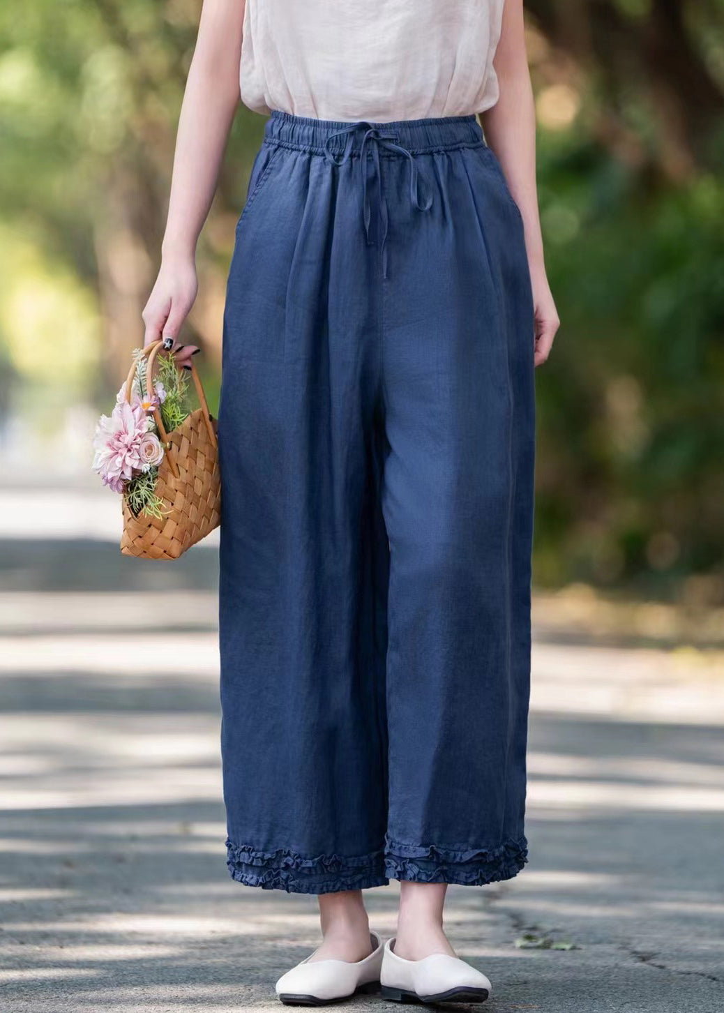 Ruffled Summer Navy Pockets Crop Elastic Pants Waist Linen