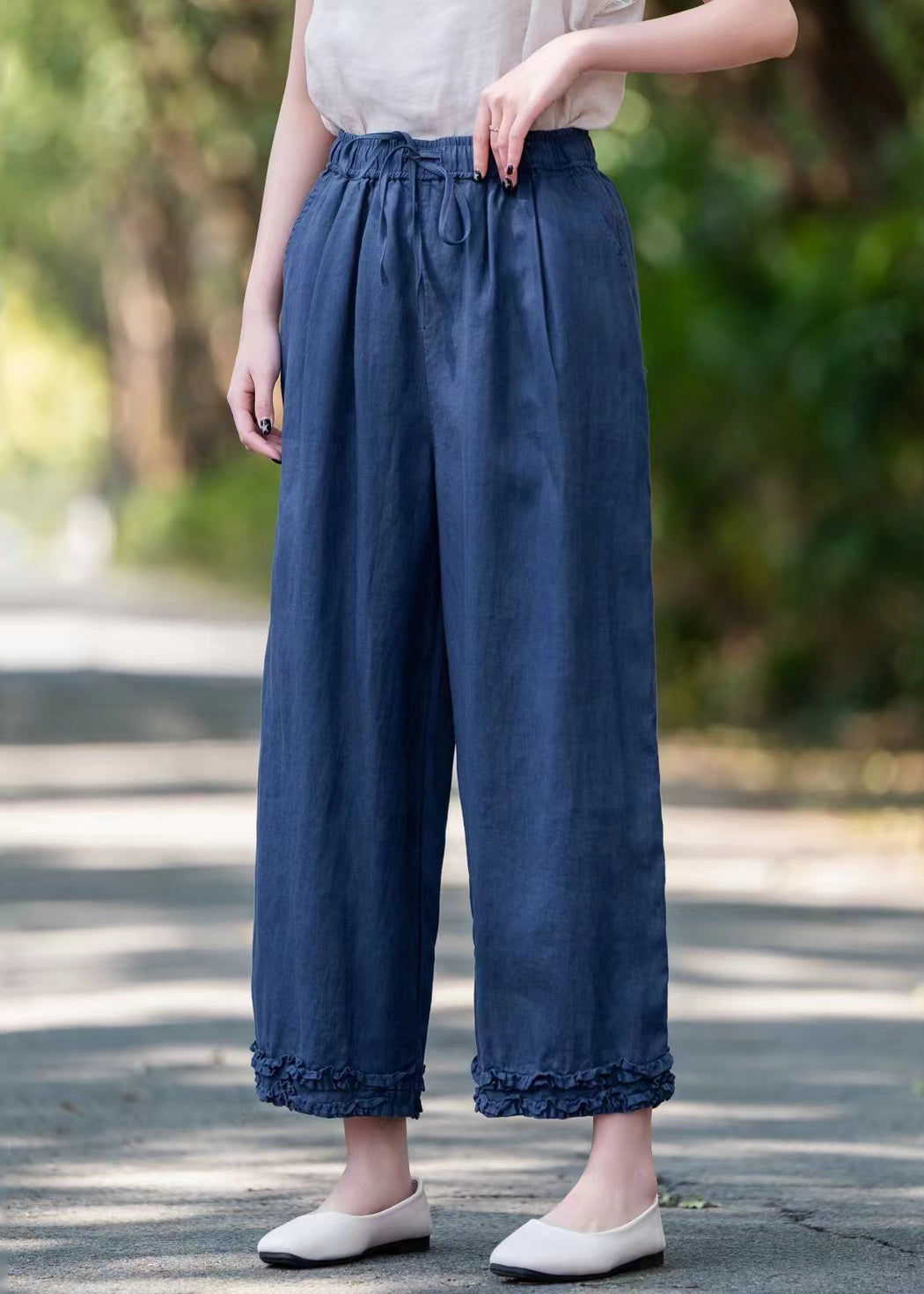 Ruffled Summer Navy Pockets Crop Elastic Pants Waist Linen