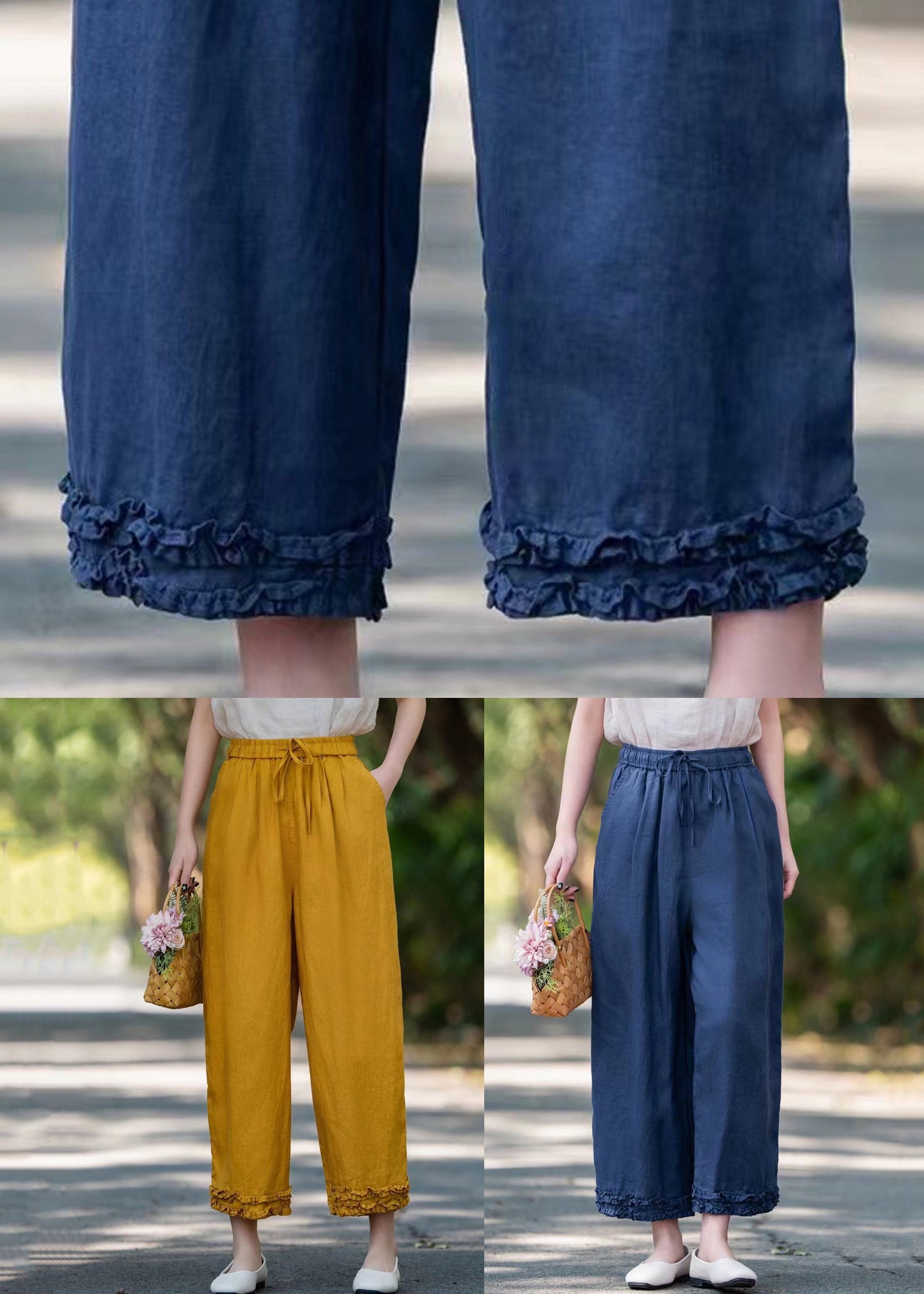 Ruffled Summer Navy Pockets Crop Elastic Pants Waist Linen