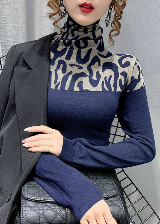 Patchwork Top Turtleneck Cotton Spring Fit Navy Slim