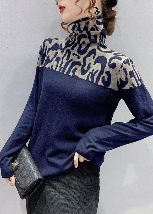 Patchwork Top Turtleneck Cotton Spring Fit Navy Slim